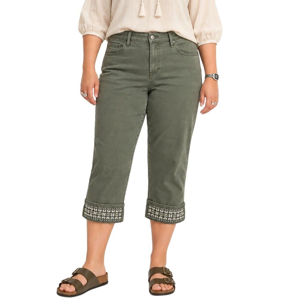 NYDJ Dayla Wide Cuff Capri Jeans Womens 14 Topiary Green Embroidered White Cuffs